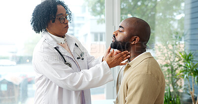 Buy stock photo Woman, doctor and man with throat infection in hospital for examination at medical checkup. Consultation, sick and healthcare worker with patient for lymph nodes check, glands or diagnosis in clinic