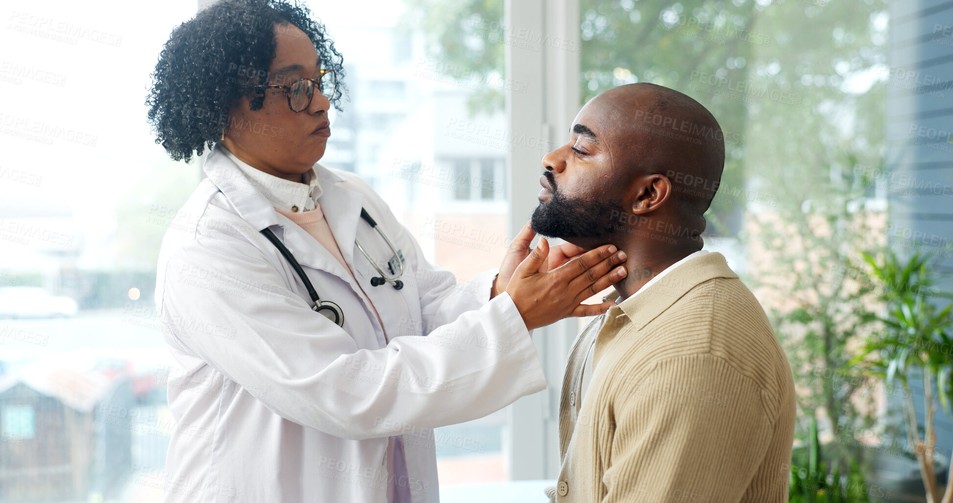Buy stock photo Woman, doctor and man with throat infection in hospital for examination at medical checkup. Consultation, sick and healthcare worker with patient for lymph nodes check, glands or diagnosis in clinic