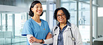 Happy, doctor and nurse at hospital with portrait, career pride and about us for medical wellness. People, team and crossed arms in workplace with ambition, positive attitude and healthcare services