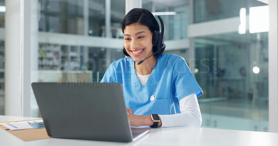 Buy stock photo Headset, nurse and woman with laptop for online meeting, telehealth consultation and help with smile. Computer, video call and happy medical worker in clinic, assessment chat or follow up question