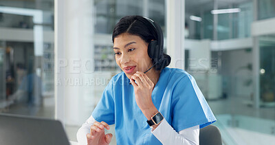 Buy stock photo Headset, nurse and woman with laptop for telehealth, video call consultation and help with smile. Computer, virtual chat and happy medical worker in clinic, assessment review or follow up question