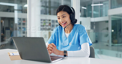 Buy stock photo Headset, nurse and woman laptop for video call, telehealth consultation and online help with smile. Computer, virtual chat and happy medical worker in clinic, assessment review or follow up question
