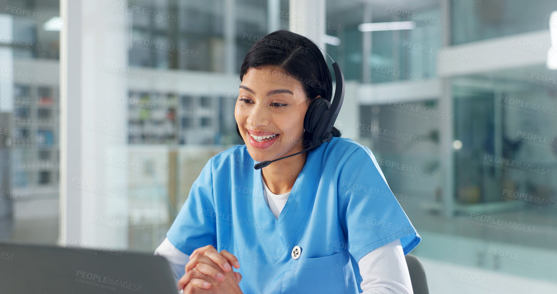 Buy stock photo Video call, nurse or woman with laptop for telehealth, consultation or online help with smile. Computer, virtual chat or happy medical worker with headset in clinic, diagnosis review or communication