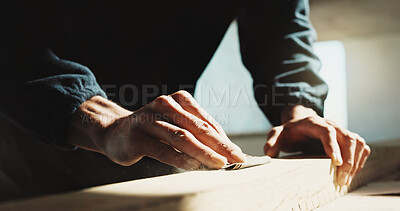 Buy stock photo Hands, person and sandpaper with wood for carpentry, restoration and furnishing for expansion. Carpenter, sanding and timber at site for construction, smoothing surface and woodworking for renovation