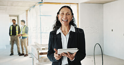 Buy stock photo Portrait, architect and woman laugh with tablet, building development and construction site manager. Tech, happy contractor and mature person, funny engineering professional and quality assurance
