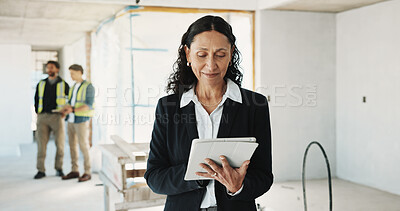 Buy stock photo Construction, architect and woman with tablet, building development and site manager with review. Tech, happy contractor and mature person with engineering report, schedule and quality assurance