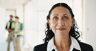 Buy stock photo Portrait, architect and woman with smile at site, building development and construction industry. Manager, happy contractor and mature person with pride, engineering professional or quality assurance