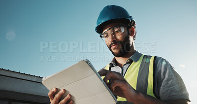 Buy stock photo Construction, engineer and man with tablet outdoor, building development and review progress report. Tech, happy contractor and person with engineering design, project schedule and quality control