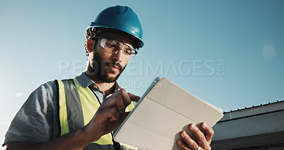 Buy stock photo Development, engineer and man with tablet outdoor, building construction and stress for report error. Tech, serious person and engineering mistake, confused and problem solving with low angle