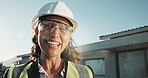 Woman, laugh and portrait of construction engineer with helmet, building development or site manager. About us, happy contractor or mature person with ppe, funny engineering worker and safety outdoor