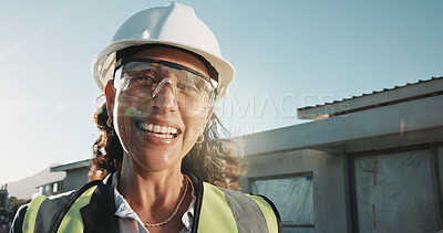 Buy stock photo Woman, laugh and portrait of construction engineer with helmet, building development or site manager. About us, happy contractor or mature person with ppe, funny engineering worker and safety outdoor