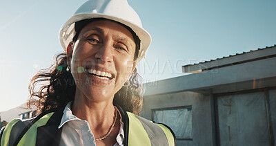Buy stock photo Portrait, engineer and woman laugh with helmet, building development and construction site manager. Tech, happy contractor or mature person with ppe, funny engineering professional or safety outdoor