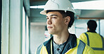 Thinking, man and construction worker on site with planning, memory or ideas for building. Inspection, architecture and civil engineer with decision or choice on maintenance, repairs or renovation.