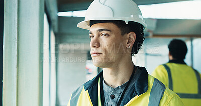 Buy stock photo Thinking, man and construction worker on site with planning, memory or ideas for building. Inspection, architecture and civil engineer with decision or choice on maintenance, repairs or renovation.