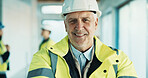 Smile, man and portrait of construction worker on site with confidence for building repair. Happy, manager and mature civil engineer with pride for maintenance, renovation or remodeling with about us