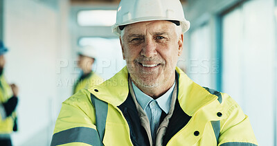 Buy stock photo Smile, man and portrait of construction worker on site with confidence for building repair. Happy, manager and mature civil engineer with pride for maintenance, renovation or remodeling with about us