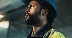 Thinking, man and construction worker on site with ideas, reflection or planning for building repairs. Inspection, choice and civil engineer with decision for maintenance or property development.