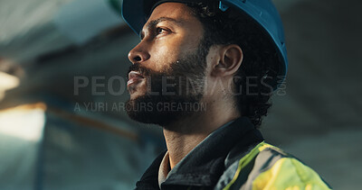 Buy stock photo Thinking, man and construction worker on site with ideas, reflection or planning for building repairs. Inspection, choice and civil engineer with decision for maintenance or property development.