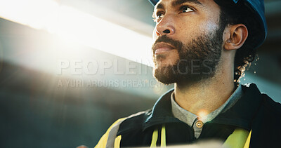 Buy stock photo Thinking, man and construction worker on site with decision, reflection or planning for building repairs. Inspection, space and civil engineer with ideas for maintenance or property development.