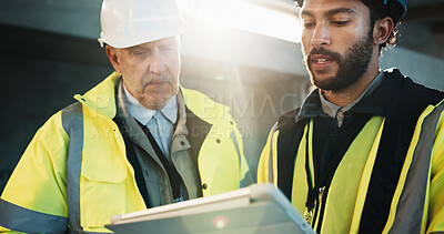 Buy stock photo Engineer, teamwork and men with tablet in building, discussion or planning for property development. Civil engineering, people and quality assurance with tech, flare and collaboration for project