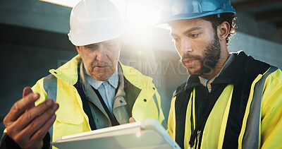 Buy stock photo Engineer, discussion and men with tablet in building, teamwork or planning for property development. Civil engineering, people and quality assurance with tech, flare and collaboration for project