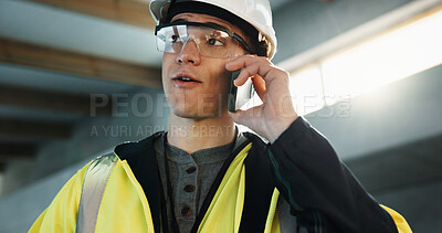 Buy stock photo Construction, review or supervisor on site with phone call, task brief or progress track in chat. Contact, ppe or engineer lead with tech, operation feedback or coordination in digital communication.