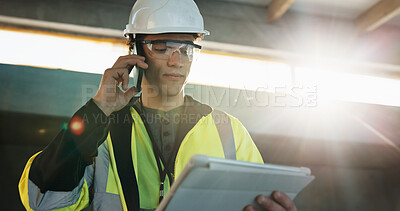 Buy stock photo Construction, tablet or lead on site with phone call, task briefing or progress track in chat. PPE, man or engineer supervisor with tech, building review or coordination in feedback communication.
