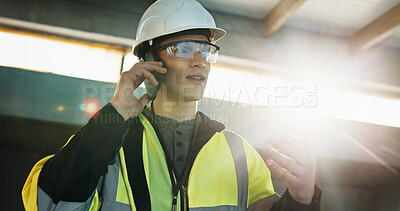 Buy stock photo Construction, review or lead on site with phone call, coordination or progress track in chat. Flare, man or engineer with tech, operation feedback or supervisor briefing in digital communication.