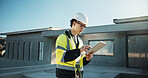 Engineer, outdoor and man with tablet, scroll or plan for property development on construction site. Civil engineering, person and quality assurance with tech, research and renovation project on roof