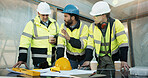Construction, briefing or people with blueprint, site report or technical feedback on building plan. Men, supervisor or electrician with teamwork, layout inspection or operation review on development