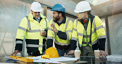 Buy stock photo Construction, briefing or people with blueprint, site report or technical feedback on building plan. Men, supervisor or electrician with teamwork, layout inspection or operation review on development