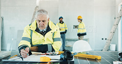Buy stock photo Engineer, drawing and man with blueprint, construction or plan for property development with design. Architecture, sketch and mature person with paperwork, civil engineering and renovation project