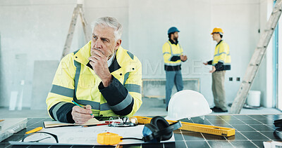 Buy stock photo Engineer, thinking and man with blueprint, construction or plan for property development with design. Architecture, sketch and mature person with paperwork, civil engineering and ideas for project