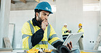Tablet, thinking and construction worker on site with research, communication or update on building. Digital technology, man and civil engineer with planning for maintenance, repairs or renovation.