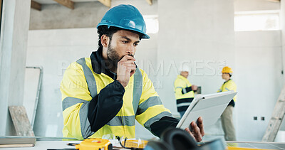 Buy stock photo Tablet, thinking and construction worker on site with research, communication or update on building. Digital technology, man and civil engineer with planning for maintenance, repairs or renovation.