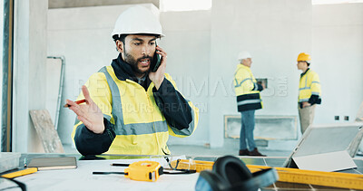 Buy stock photo Construction, tablet or man on site with phone call, lead coordination or progress track in chat. Review, ppe or engineer with tech, operation plan or supervisor briefing in digital communication.
