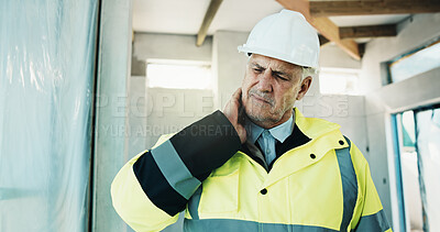Buy stock photo Contractor, construction or man with neck pain, injury or site risk with building accident. Mature person, hurt engineer or discomfort with architecture development burnout, muscle sprain or overwork