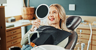 Buy stock photo Woman, smile and healthcare with mirror for teeth whitening, results and oral hygiene at dentist clinic. Happy, patient and dental care at orthodontist for tooth cleaning, veneers and implants