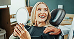 Woman, smile and healthcare with mirror for oral hygiene, results and teeth whitening at dentist clinic. Happy, patient and dental care at orthodontist for tooth cleaning, veneers and implants