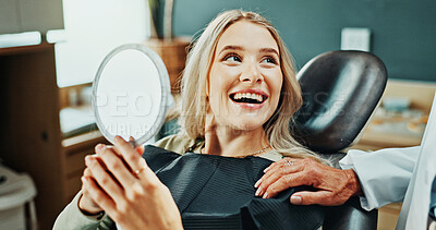 Buy stock photo Woman, smile and healthcare with mirror for oral hygiene, results and teeth whitening at dentist clinic. Happy, patient and dental care at orthodontist for tooth cleaning, veneers and implants