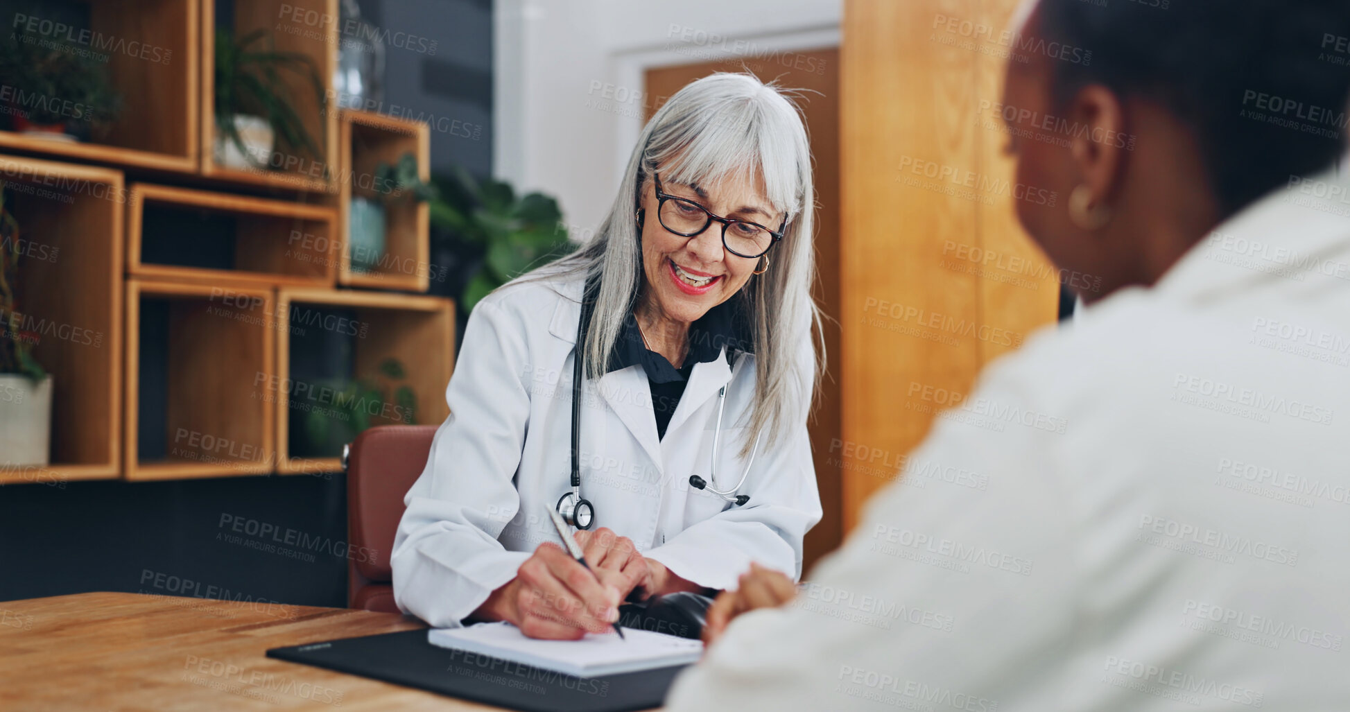 Buy stock photo Doctor, patient and writing in office with prescription, diagnosis and conversation for sick letter. Healthcare worker, people and notes in clinic for medical certificate, discussion or consultation.
