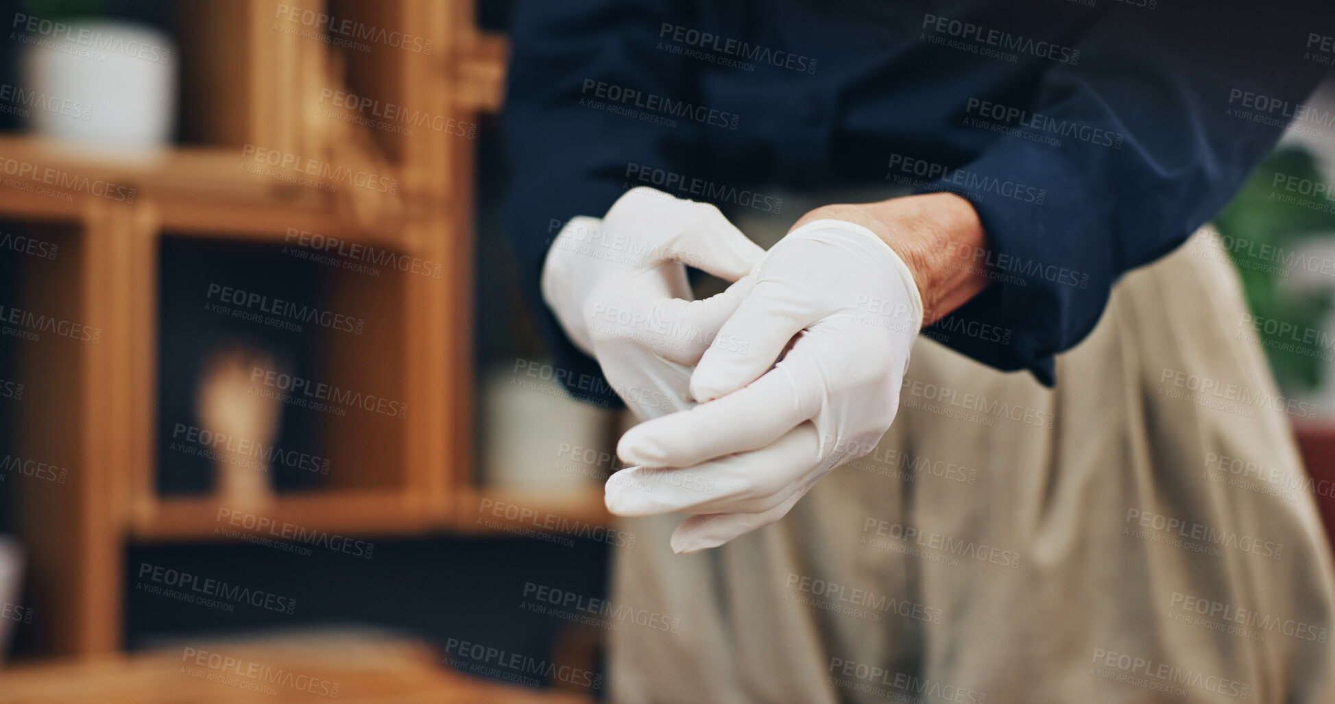 Buy stock photo Person, hands or nurse with gloves in office for healthcare, protection or bacteria safety. Health worker, surgical or equipment for germ prevention, hygiene or cover for sterile barrier in workplace