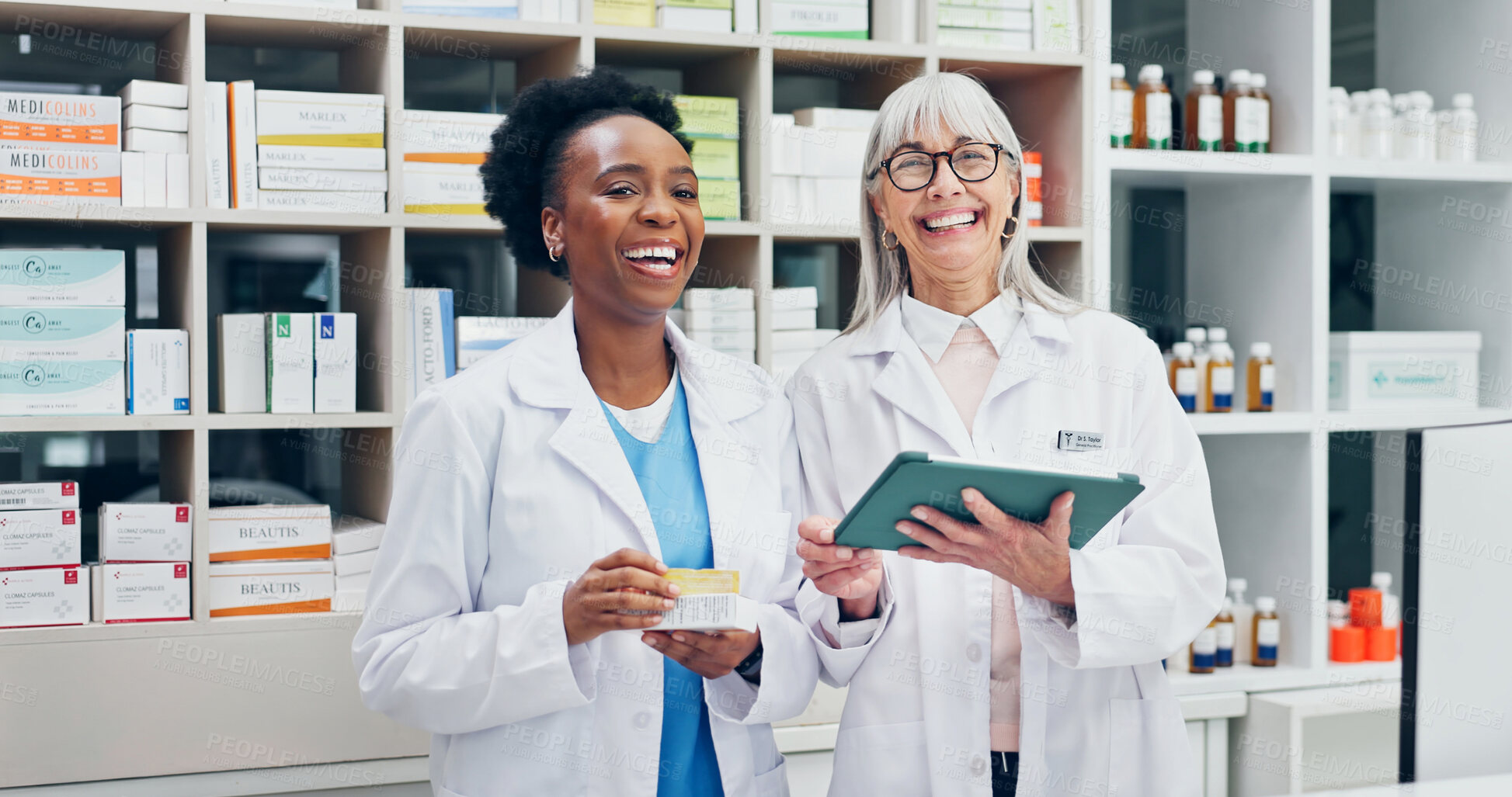 Buy stock photo Pharmacist, team and pills at pharmacy with tablet, stock and inventory for pharmaceutical. Portrait, people and laugh at dispensary with digital for checklist, drugs information and collaboration