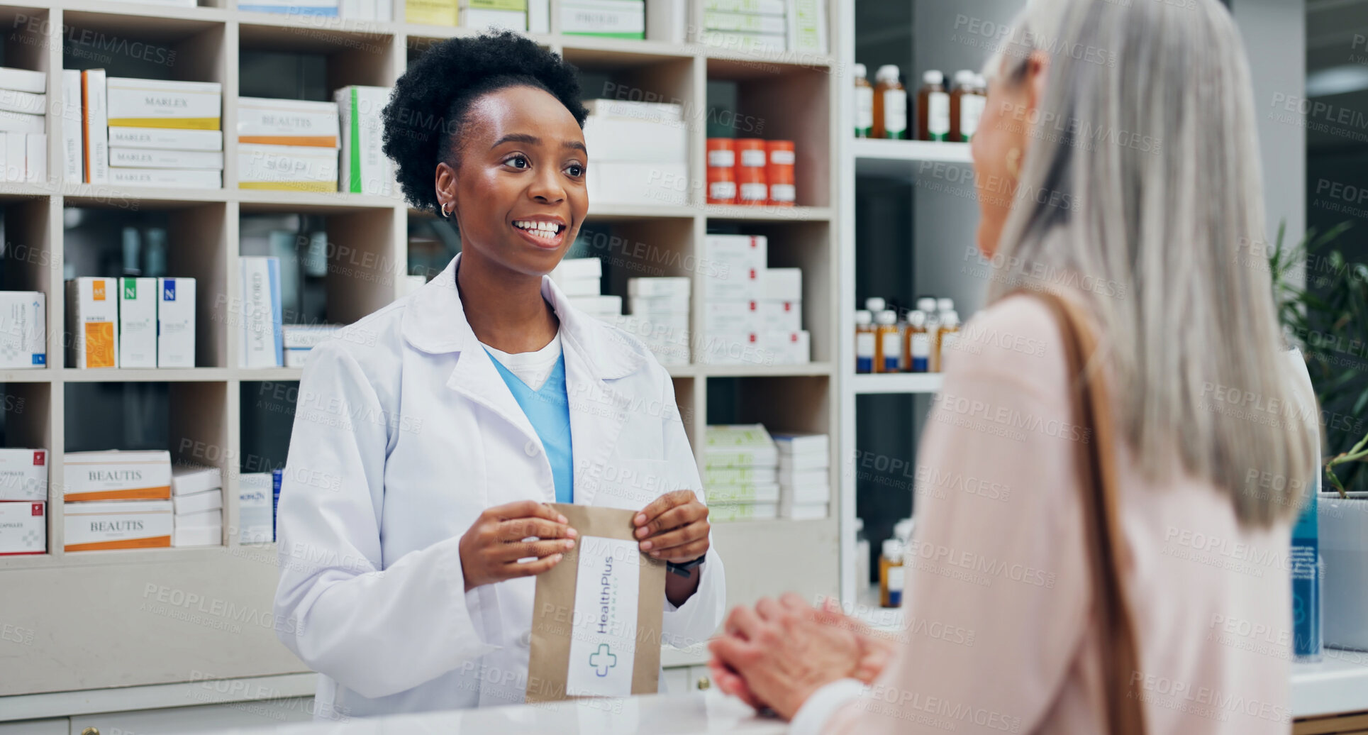 Buy stock photo Pharmacist, talking and old woman at pharmacy for medicine, dosage or information for pharmaceutical. Employee, helping and senior person at clinic with drugs, prescription and treatment instructions