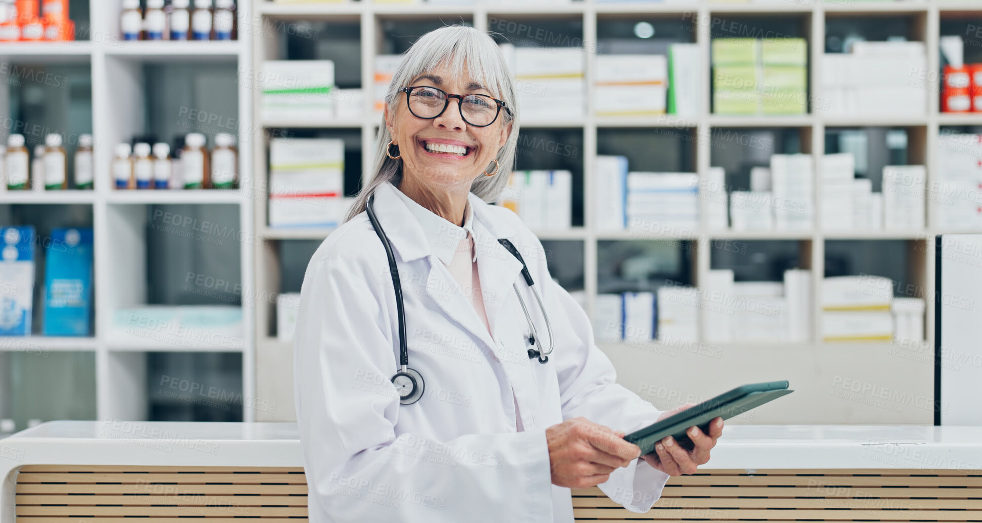 Buy stock photo Portrait, chemist or woman in pharmacy with tablet, smile or medical research for prescription drugs. Happy, pharmacist and mature person in drugstore with tech, healthcare experience and about us.