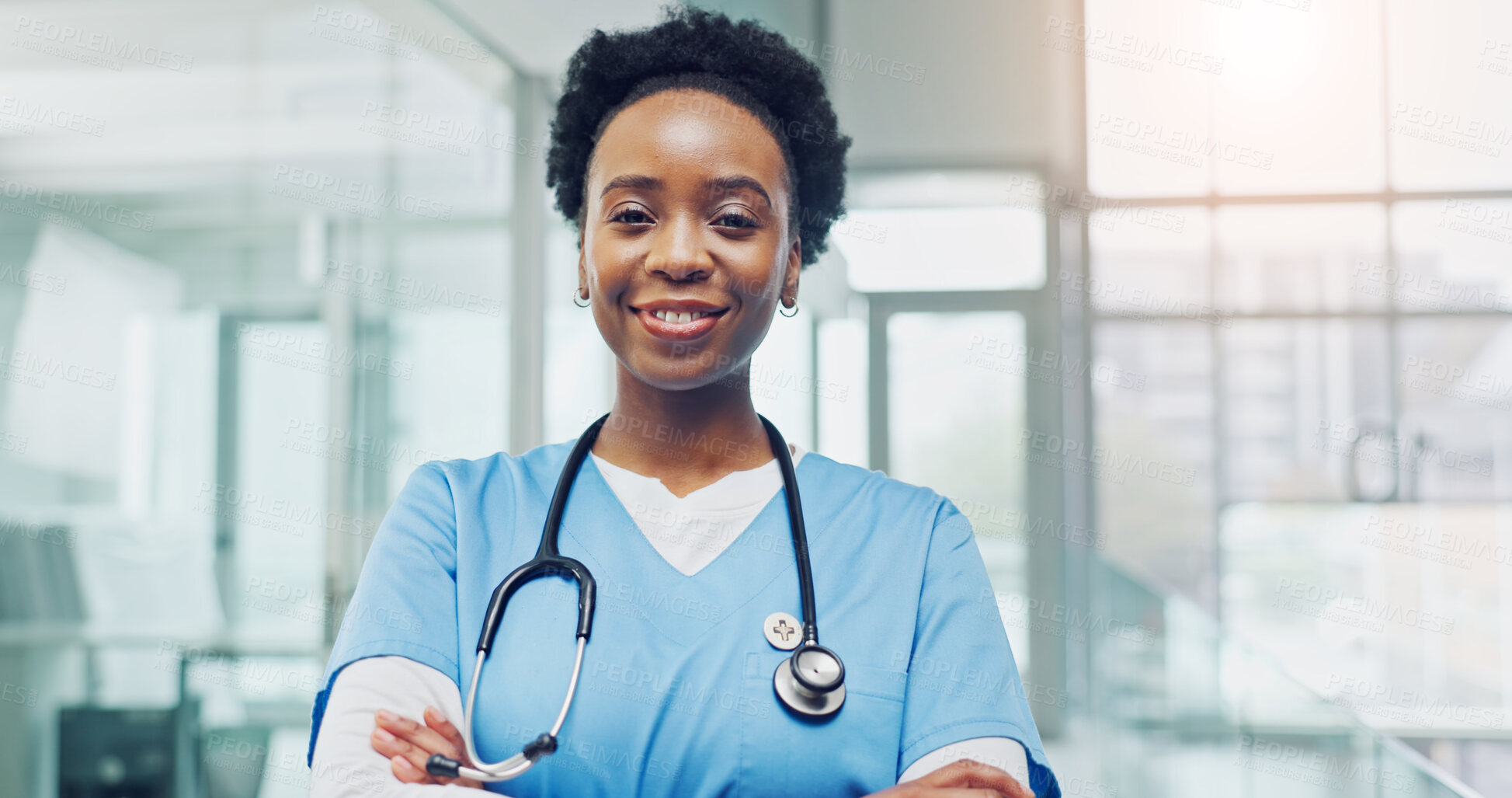Buy stock photo Smile, doctor and arms crossed in clinic for medical confidence, respiratory specialist and trust. Lung health expert, black woman and happy portrait for patient care, pulmonology career or integrity