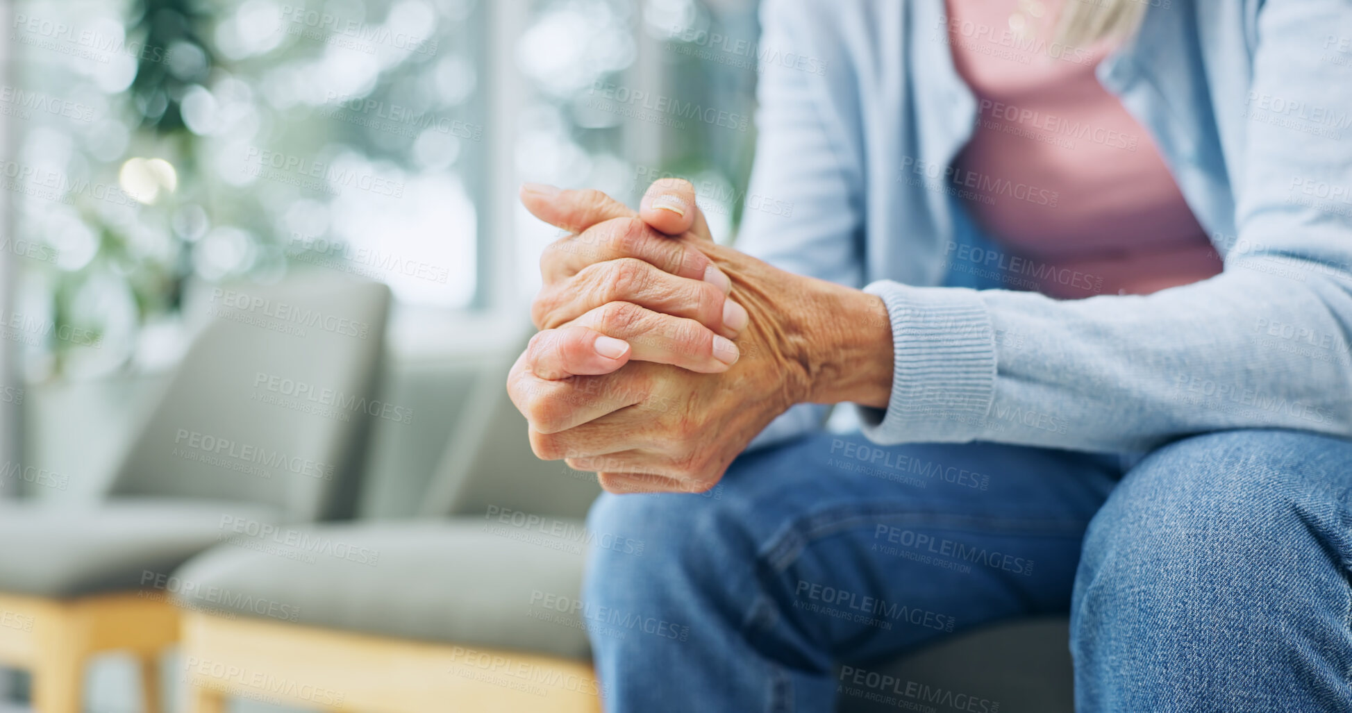 Buy stock photo Person, hands and waiting with anxiety for emotional support, help or therapy session in practice. Senior, nervous or comfort with hope for understanding, coping mechanism or mental health in office