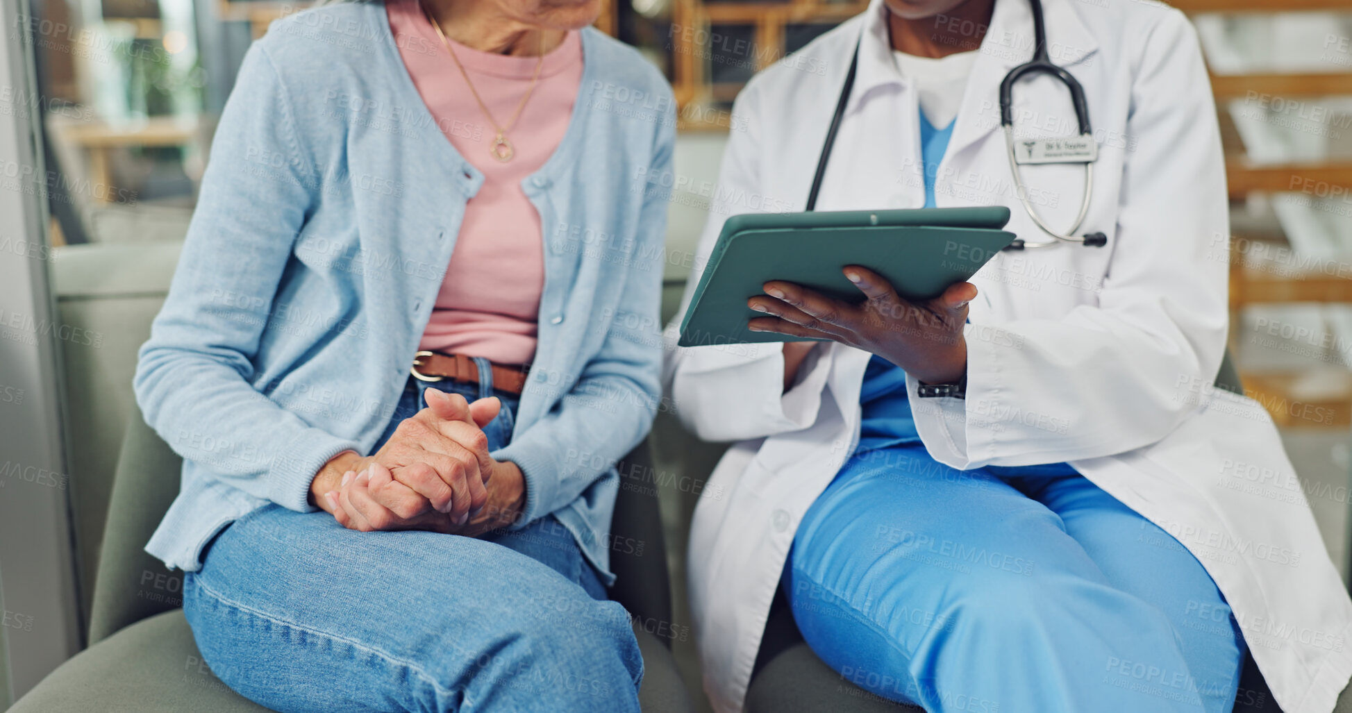 Buy stock photo Medical, checkup or hands in clinic with tablet, diagnosis feedback or guidance on treatment option. People, patient or doctor with tech, healthcare plan or record discussion in hospital consultation