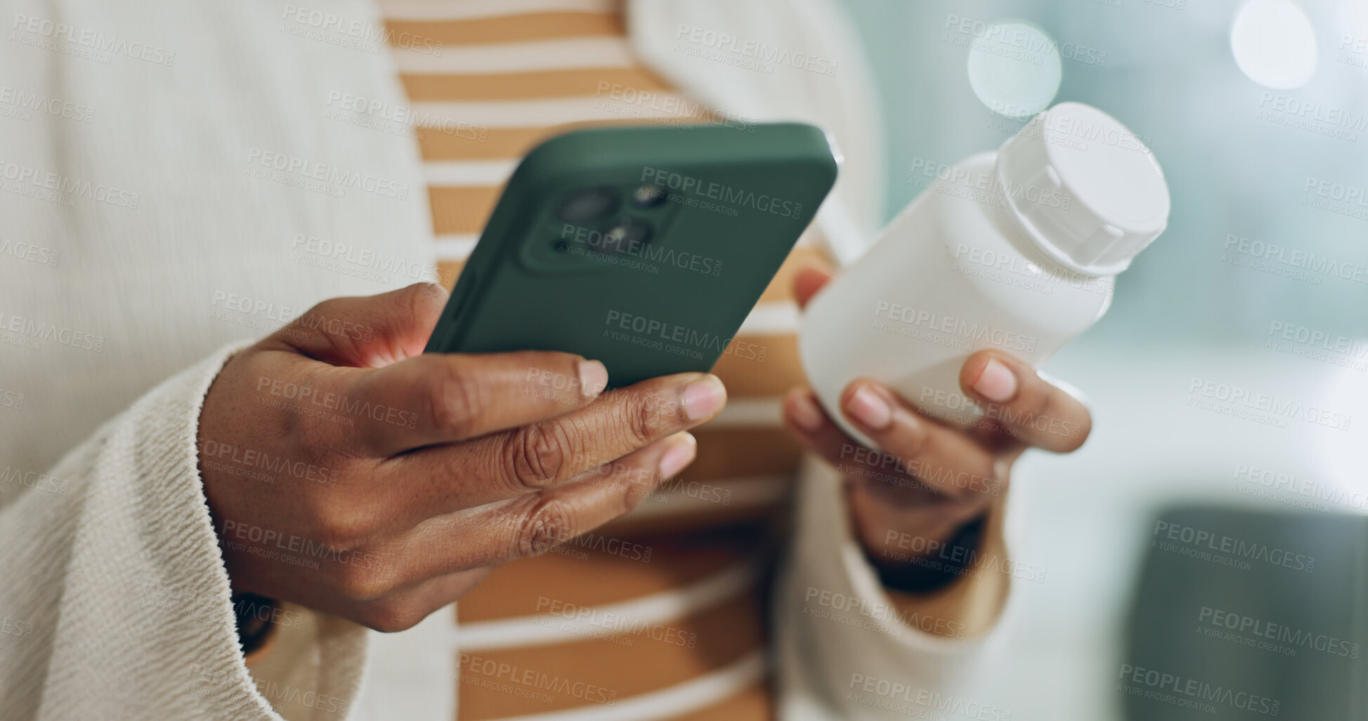Buy stock photo Woman, hands and phone in home with pills, research prescription drugs and check telehealth chatbot. Person, tech and medicine in house for supplements, dosage instructions or ask AI for side effects