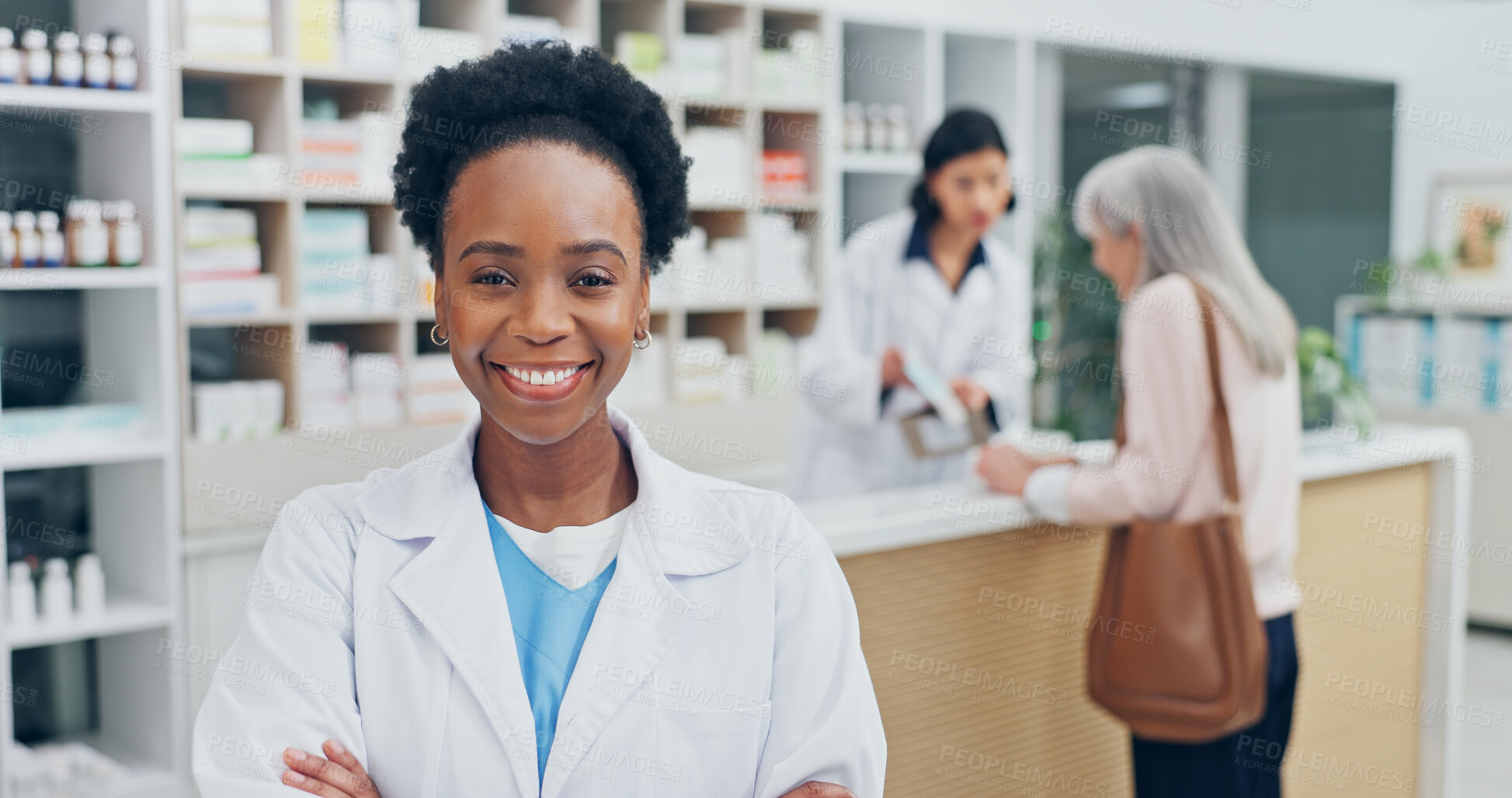 Buy stock photo Medical, portrait and chemist with arms crossed, pharmacy expert and pride as medicine specialist. Happy, healthcare and woman with confidence, pharmaceutical care and about us in clinic management.